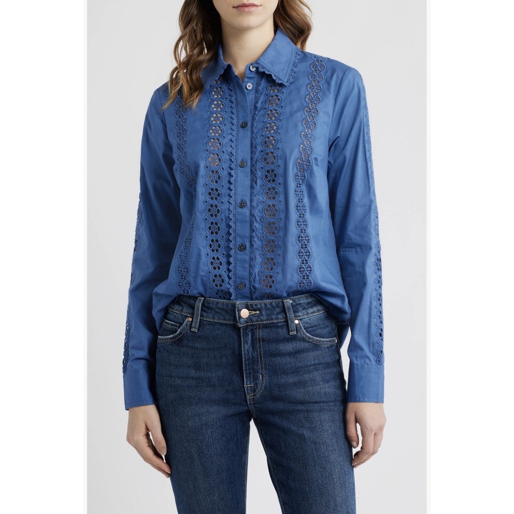 Boden Sienna Embroidered Cotton Button Up Shirt Denim Blue Women's Size 14